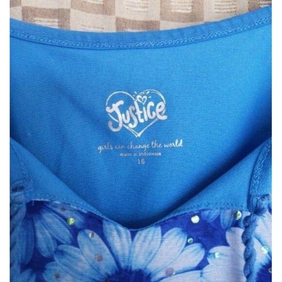 Justice Girls Top 16 Blue Sunflower Sleeveless Embellished Cottage Festive Boho - Picture 3 of 3